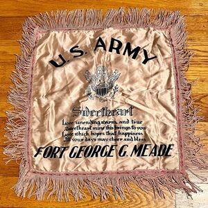 U.S. Army Fort George G. Meade Sweetheart Pillow Sham VTG WW2 Pink Fringed Silky